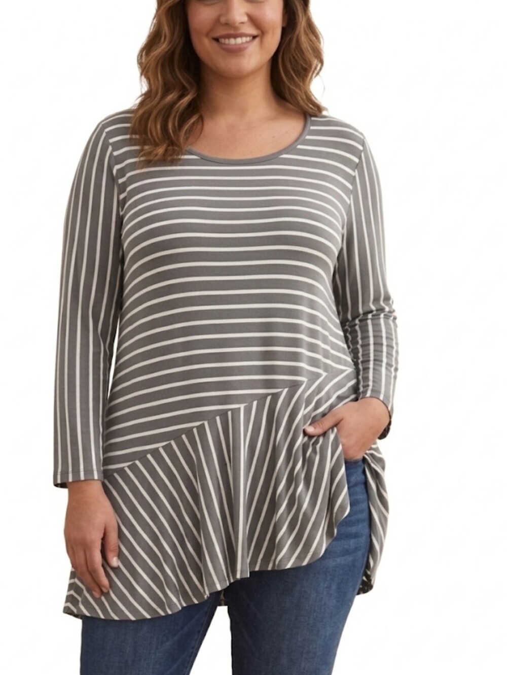 Cato Pullover Grey Stripe Longline Tunic Top  Size XL Asymmetrical Hem